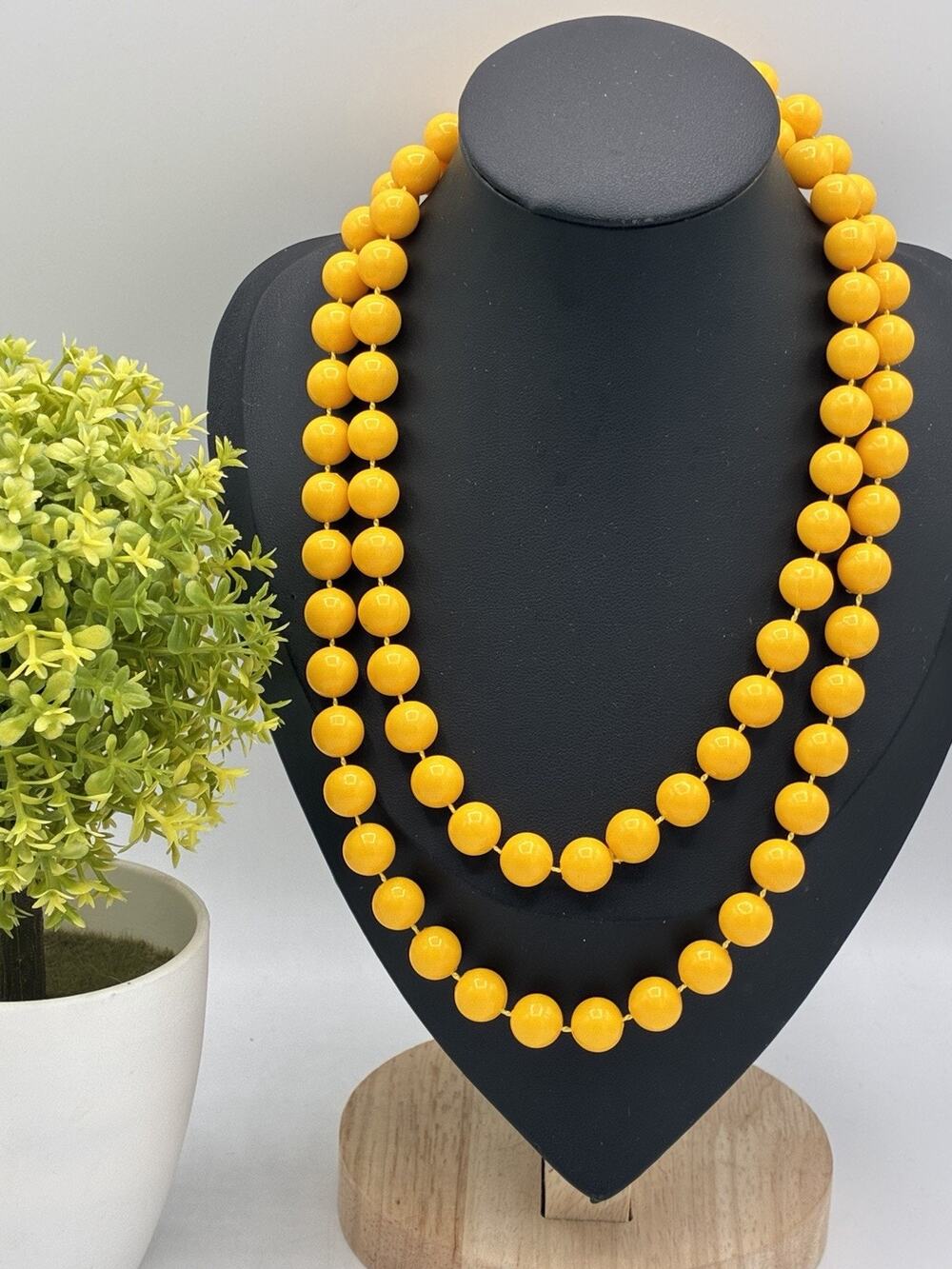 Vintage Mustard Yellow Bead Necklace 36 Inch Continuous Strand